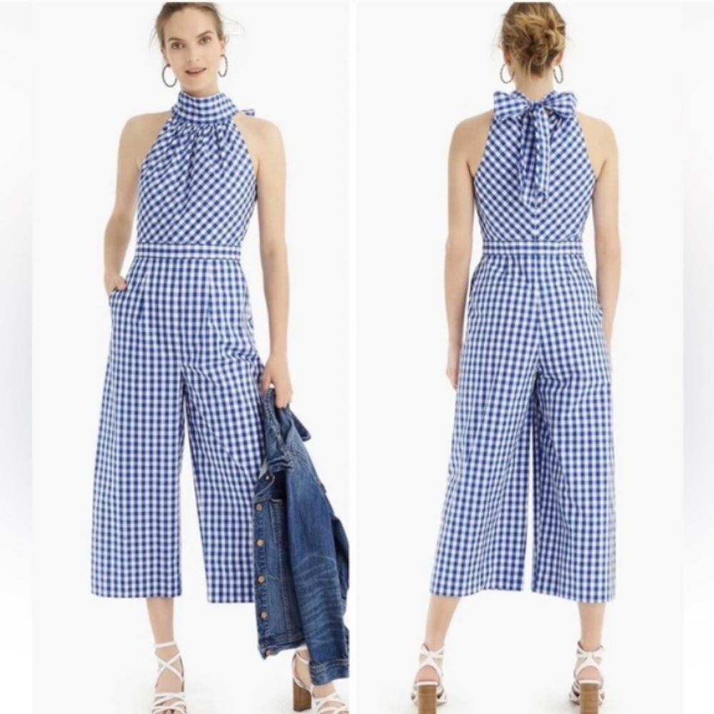 New J. Crew Jumpsuit Sz. 4 Blue and White Gingham Lined Classic Cute Stylish NWT